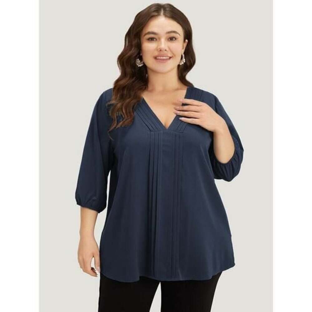 Size 10 Medium BloomChic blue Pleated Detail Elastic Cuffs V Neck Blouse